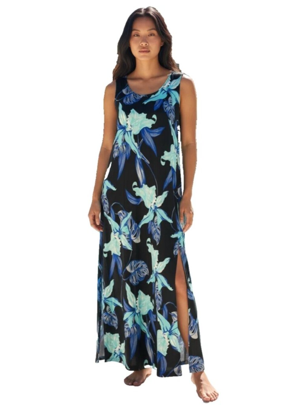 Chico's Floral Maxi Dress Sleeveless Rayon Stretch size L Resortwear Boho Beach